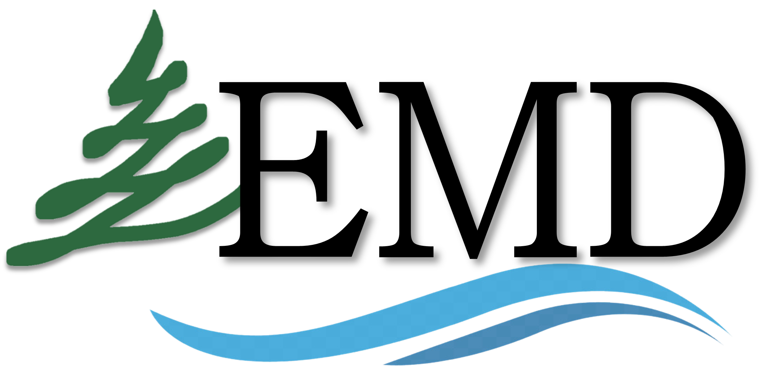 Picture of logo for Evergreen Metro District, black letters, green tree and wavy blue lines.