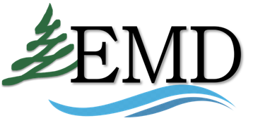 Evergreen Metro District Logo.  Black text with green tree and wavy blue lines under the letters.